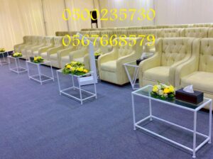 تأجير كنب جلد ابيض ,كراسي فندقية , طاولات طعام